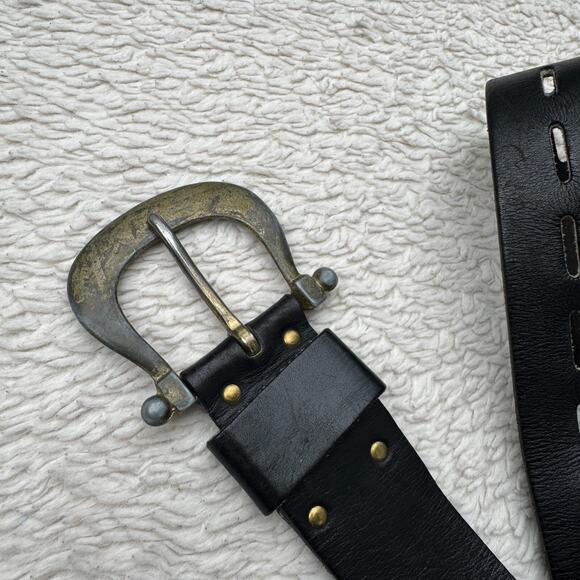 Vintage Garay Leather Belt Black Western Cowboy Silver Buckle One Size Rodeo - Picture 2 of 4